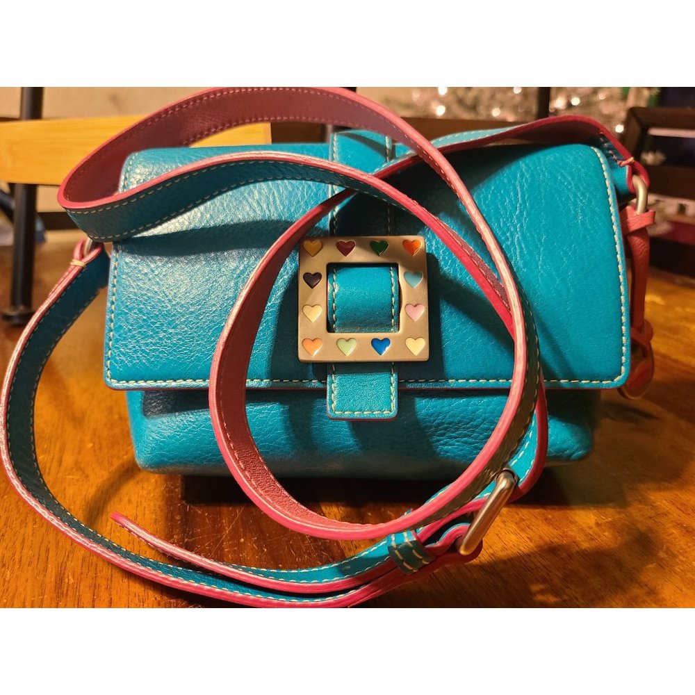 Dooney & Bourke Vintage Heart Flap Crossbody Turquois Pink Leather Small - Picture 7 of 10